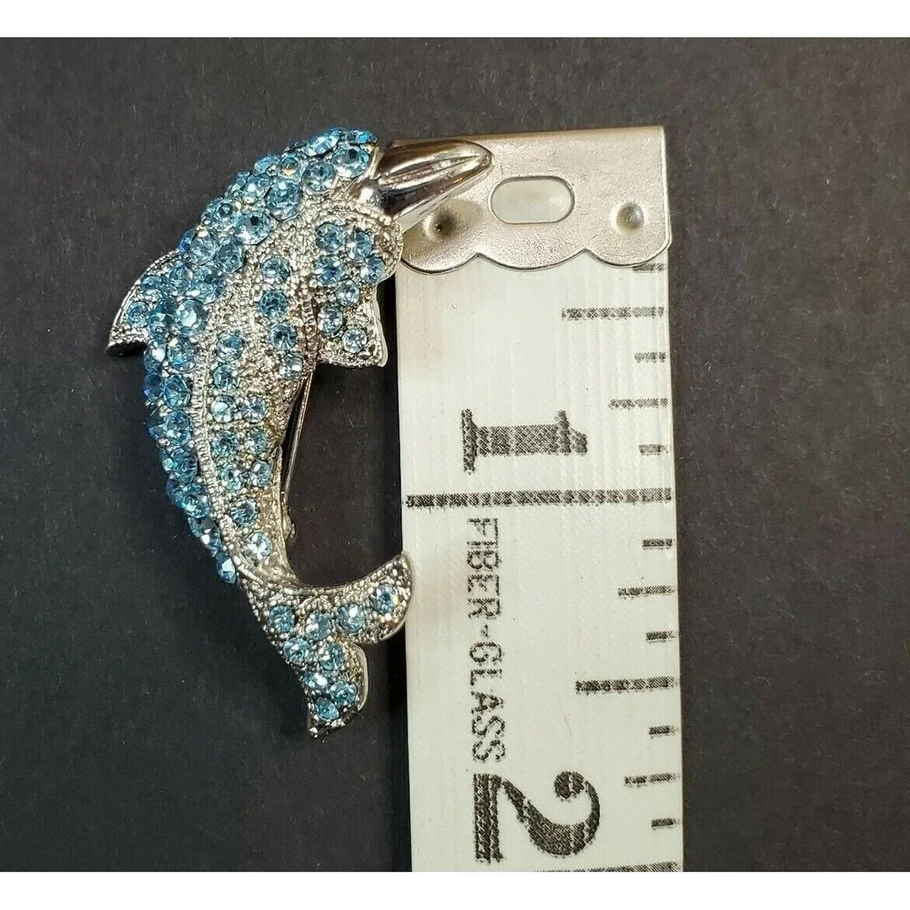 Silver Tone Metal & Blue Rhinestones Dolphin Porpoise Brooch Pin